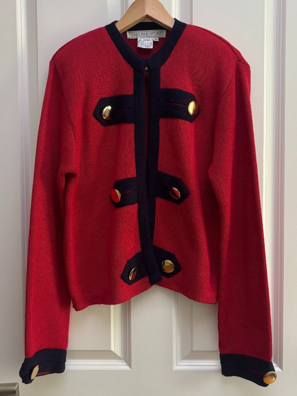 Vintage Red Cotton Womens Sweater Navy Trim Gold Buttons | Carlisle Sport